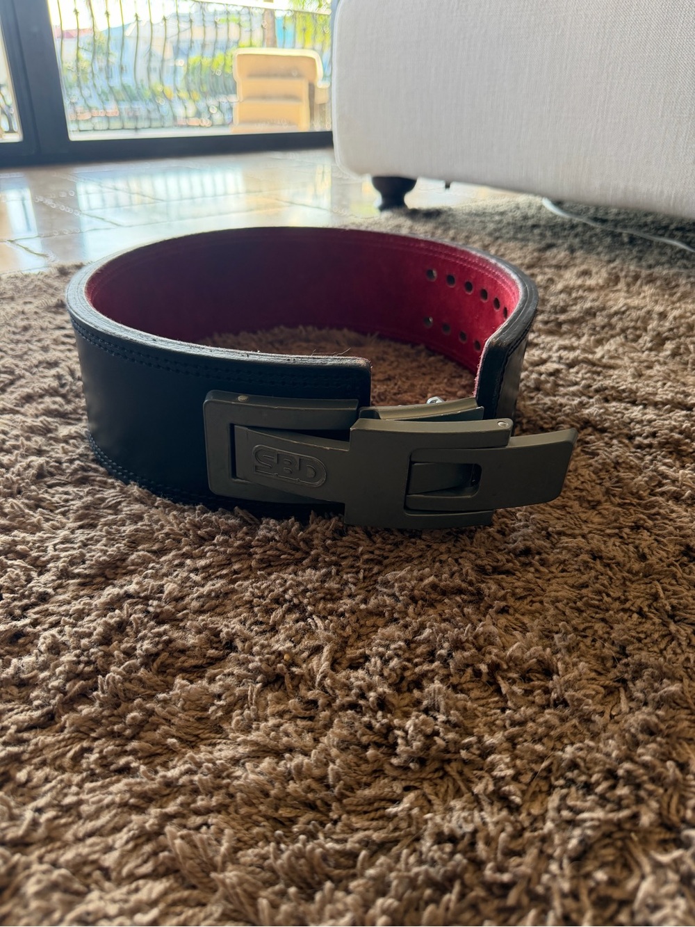 SBD Men's Leather Weightlifting Belt 13 mm— Black with Red Interior Size Medium